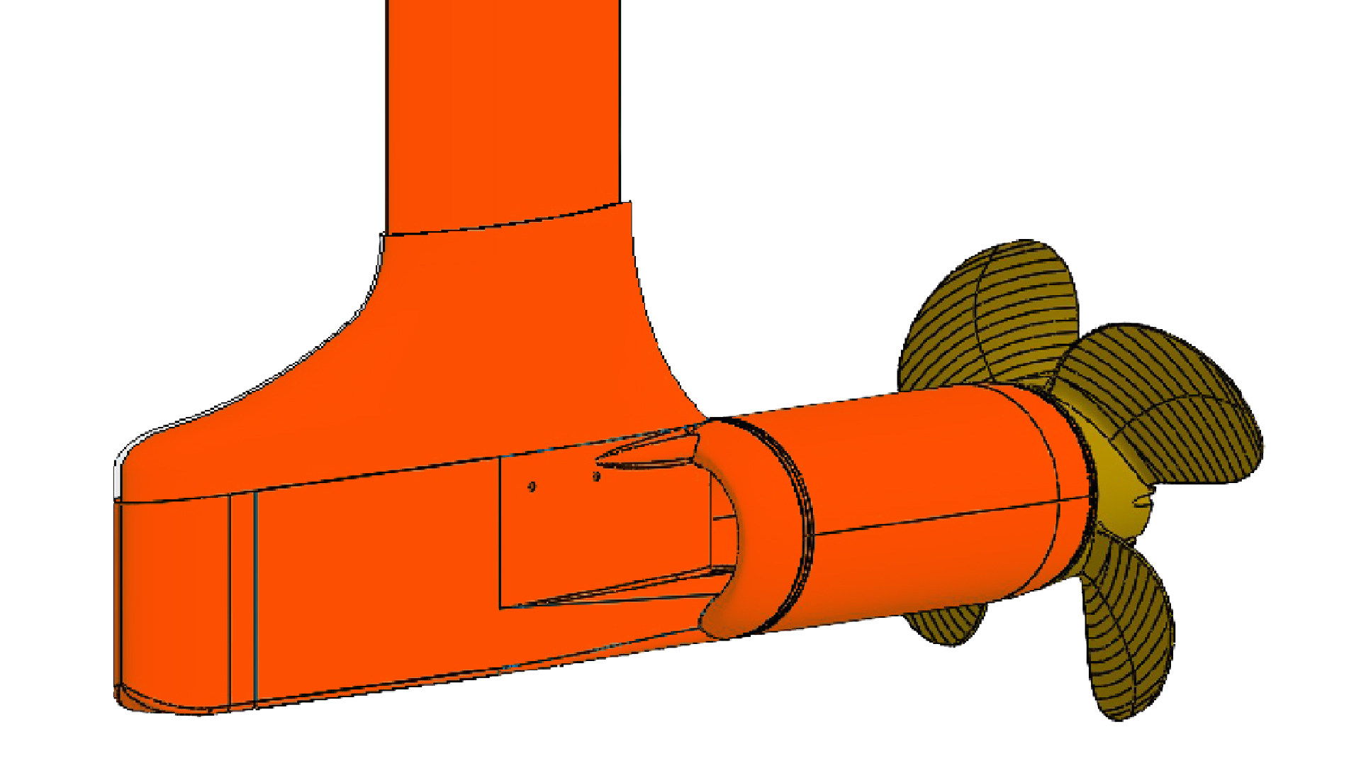 3D CAD rendering of the MBFY-S powertrain assembly, showing the hydrofoil strut, nacelle, and three-blade propeller.