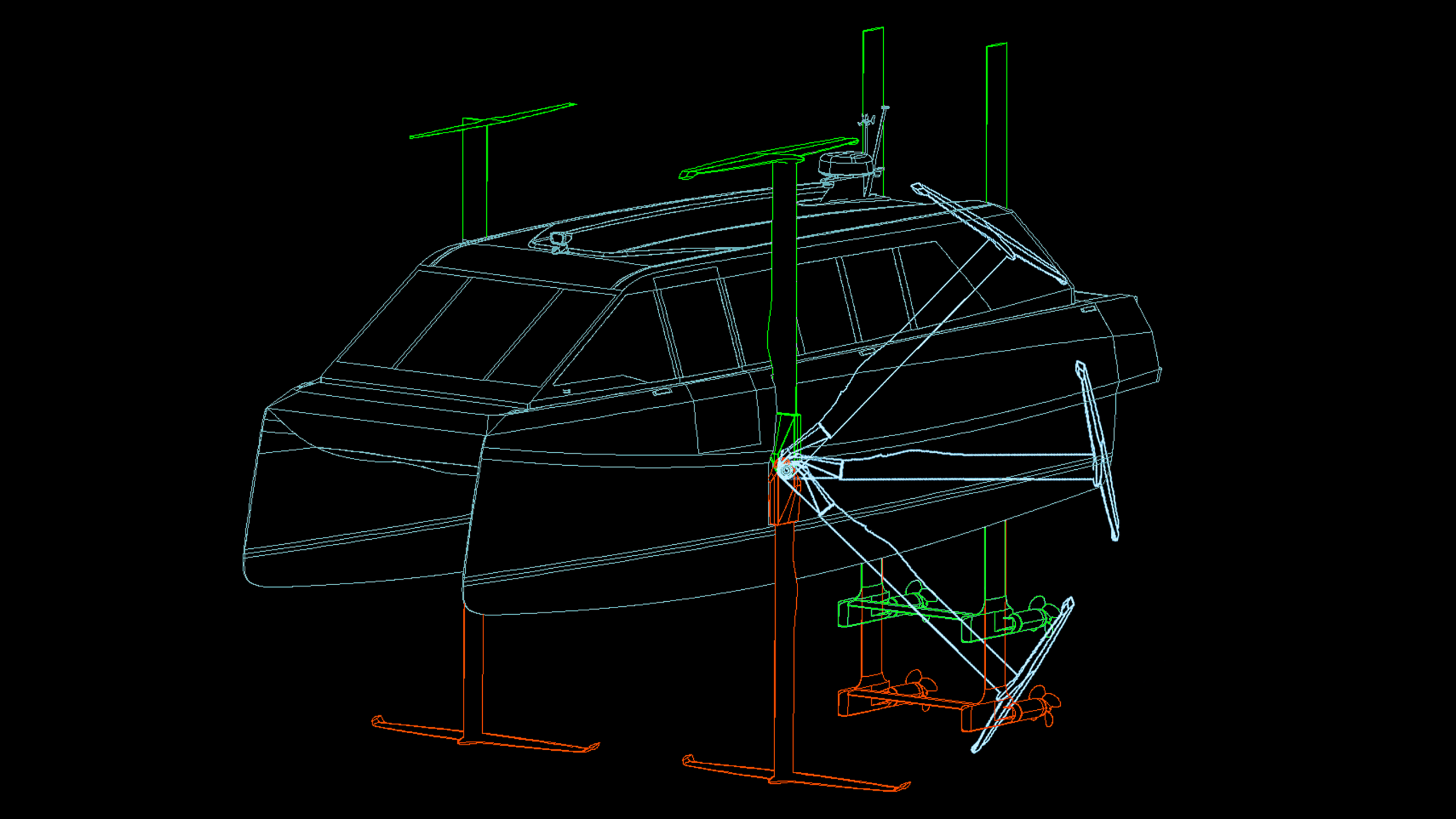 MobyFly MBFY-S patented retractable hydrofoil system CAD wireframe diagram showing foil deployment and retraction mechanism.