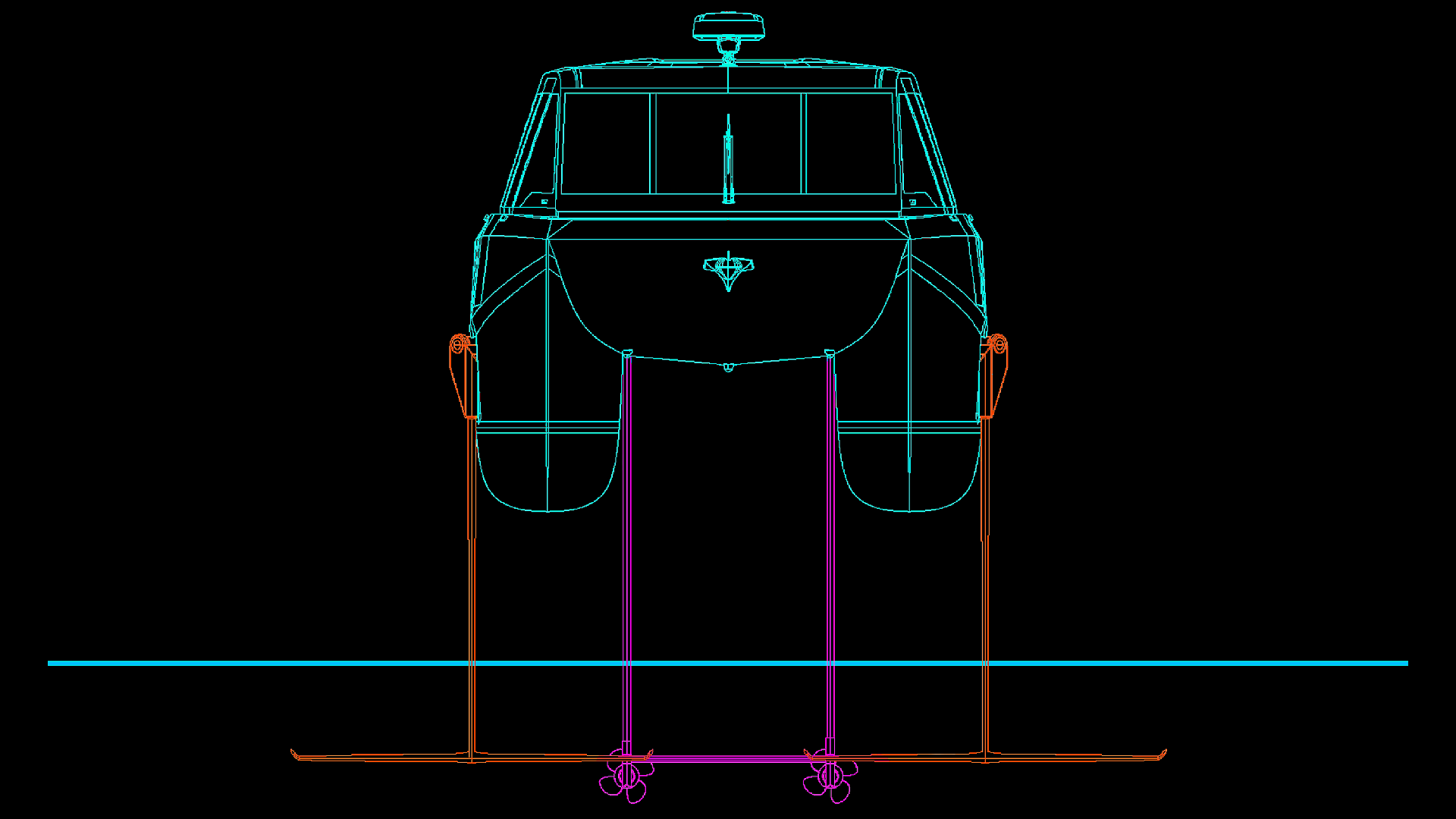 MobyFly MBFY-S hydrofoil system front elevation CAD diagram showing foil strut depth, waterline clearance, and twin propeller configuration.