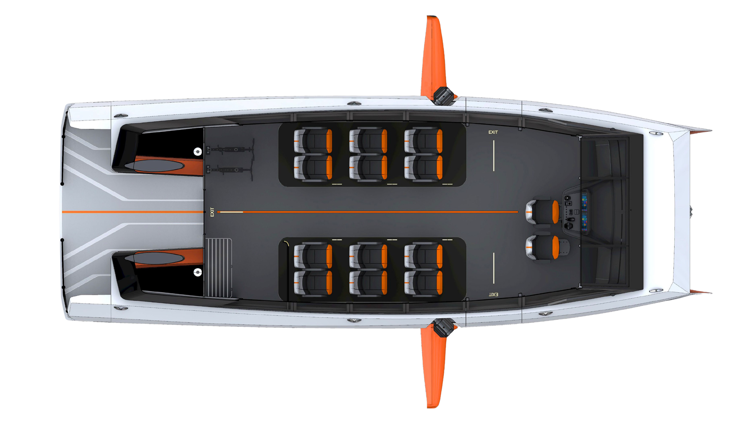 MBFY-S 12-Passenger Configuration Overhead plan view of the MobyFly MBFY-S 12-passenger cabin layout. Two rows of six seats are arranged in a 2x3 configuration on either side of a central aisle, with orange accent upholstery. The pilot station is positioned forward to starboard. Bow and stern boarding areas are visible at each end, with exit points marked on both sides of the cabin. Forward and aft hydrofoil struts shown in orange.