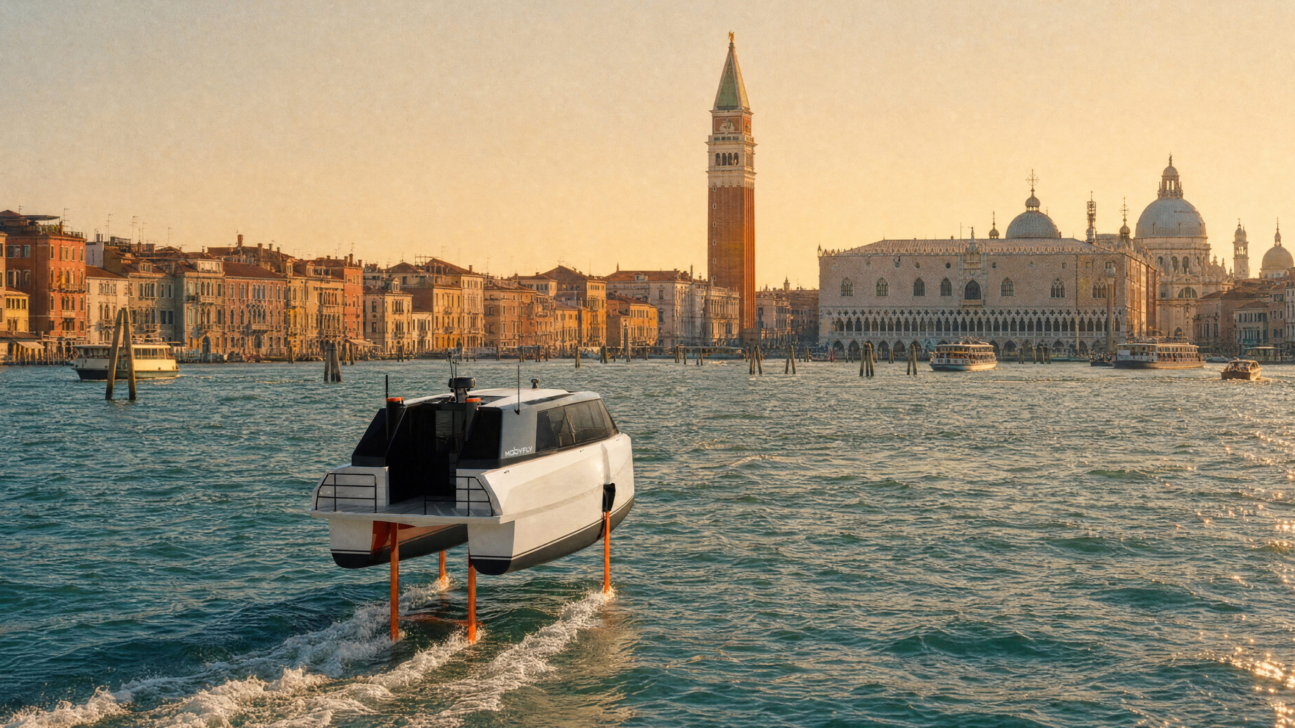MobyFly MBFY-S 3D Render Venice (rear 3/4 view 3D render of the MobyFly MBFY-S zero-emission hydrofoil boat foiling across the Venice lagoon, seen from the port stern in three-quarter view. The hull is fully raised on its orange hydrofoil struts, with the MobyFly wordmark visible on the hull. The Campanile di San Marco and the domed Basilica di Santa Maria della Salute are visible along the Venetian waterfront under a warm golden sky.
