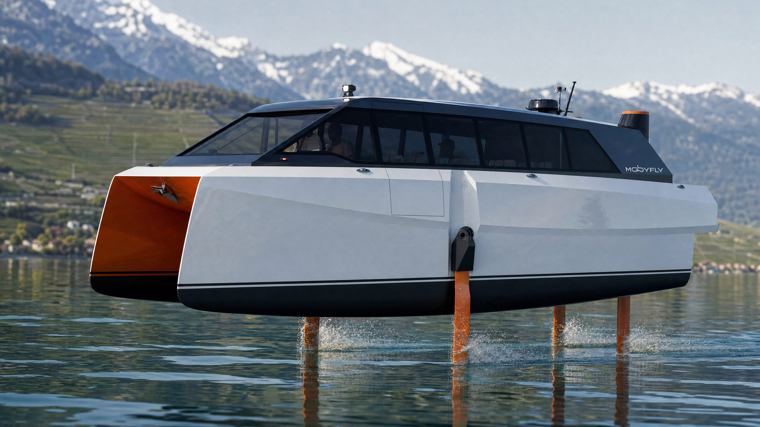 MobyFly MBFY-S 3D-Render Side 3/4 View 3D render of the MobyFly MBFY-S zero-emission hydrofoil boat foiling above water, seen from the port bow in three-quarter view. The hull is fully raised on its orange hydrofoil struts, with passengers and pilot visible through the panoramic cabin windows. White and blood orange livery with black hull detailing. MobyFly wordmark visible on the starboard hull. Snow-capped Alps, terraced vineyards, and a lakeside village in the background.