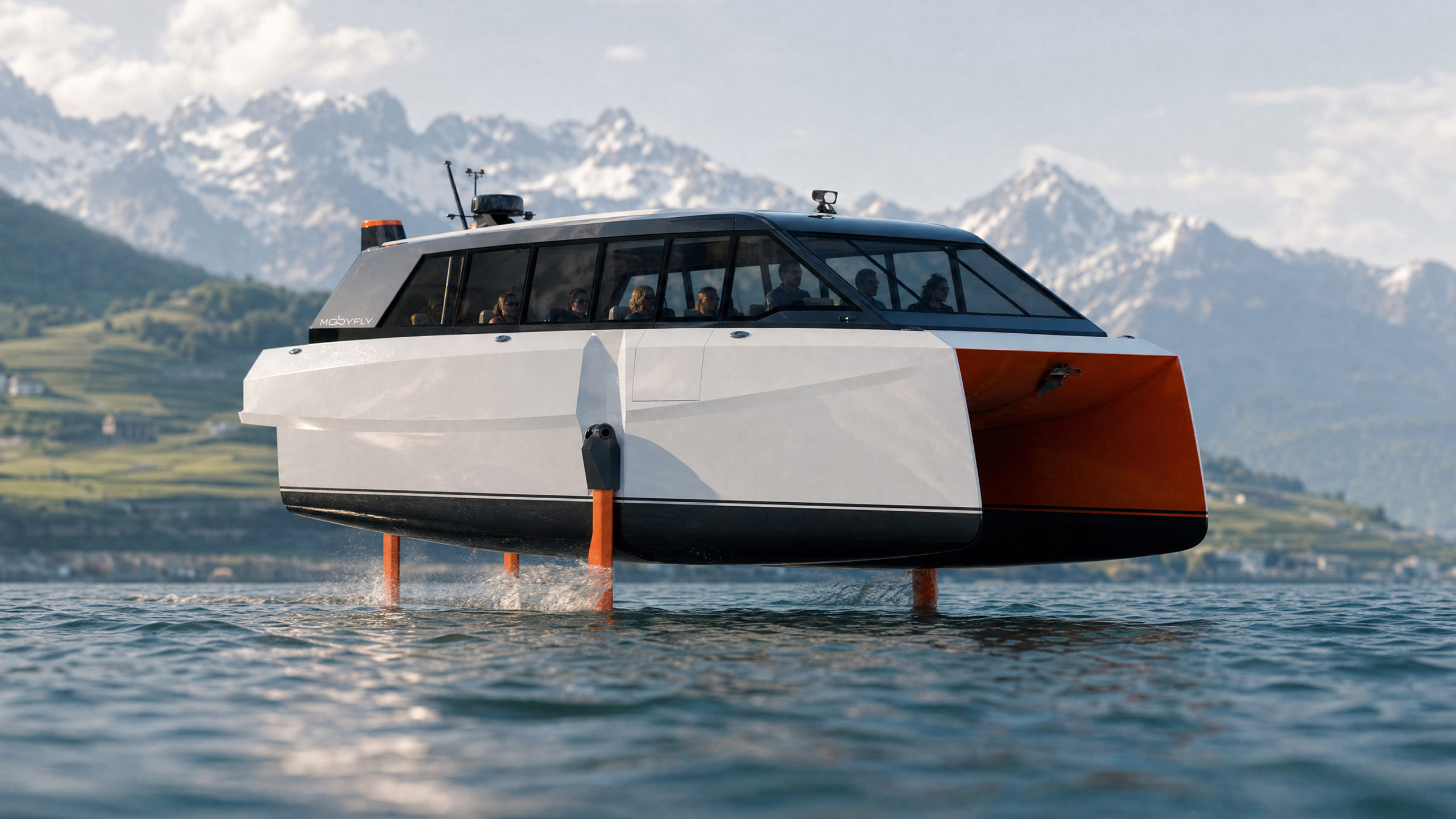 The MobyFly MBFY-S zero-emission hydrofoil boat foiling above water, shown in a 3D render from the starboard bow in three-quarter view. The hull is fully raised on its orange hydrofoil struts, with passengers visible through the panoramic cabin windows. White and blood orange livery with black hull detailing. Snow-capped Alps and terraced vineyards in the background.